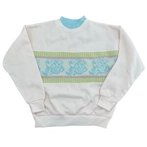 Simply Basic Cream Rose Stripe Mock Neck Sweatshirt Women's Size M Pastel